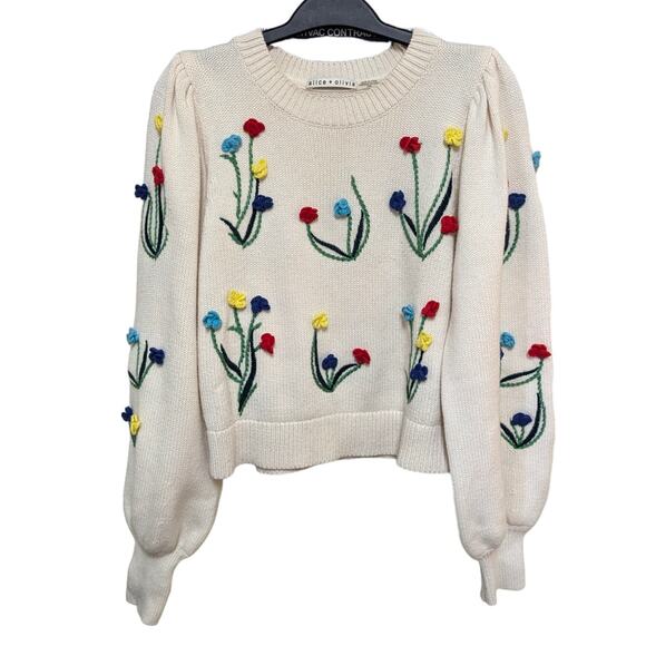 Alice + Olivia Cream Floral Embroidered Sweater Cotton Wool Blend Puff Sleeve M - Picture 3 of 6